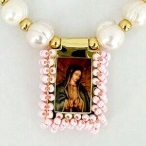 “Seed Bead Framed Our Lady of Guadelupe” Virgin Mary Mother of Pearl Bracelet